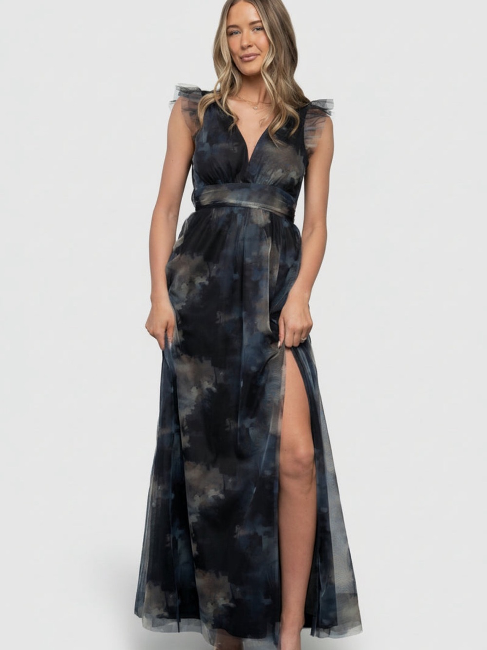 Baltic Born Navy and Gray Cloud-Print V-Neck Maxi Dress